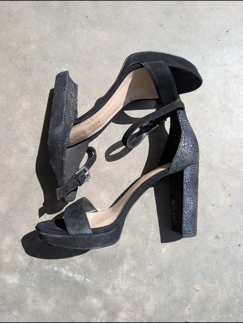 Nine West Black Suede Ankle-Strap Block Heels
